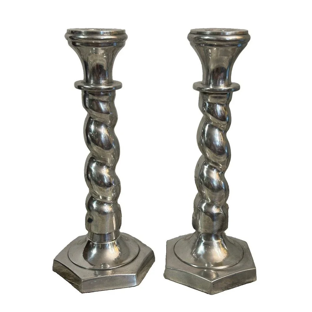 Vintage Chunky Barley Twist Aluminum Candlestick Pair Heavy Taper Holders 9”